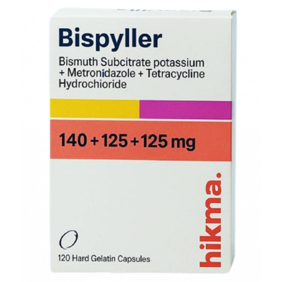 BISPYLLER ( BISMUTH SUBCITRATE POTASSIUM 140MG + METRONIDAZOLE 125MG + TETRACYCLINE HCL 125MG ) 120 HARD GELATIN CAPSULES